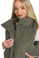 High Neck Puffer Vest - Dark Olive