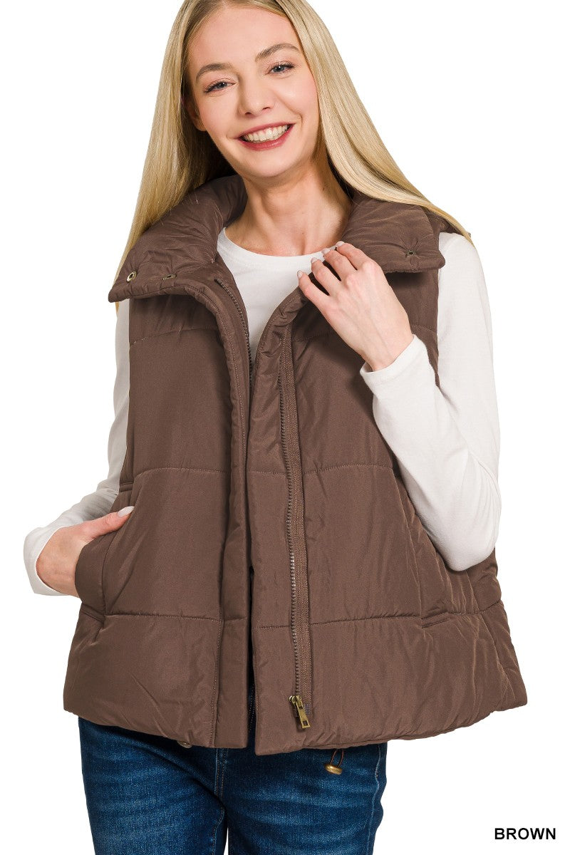 High Neck Puffer Vest - Brown