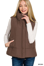 High Neck Puffer Vest - Brown