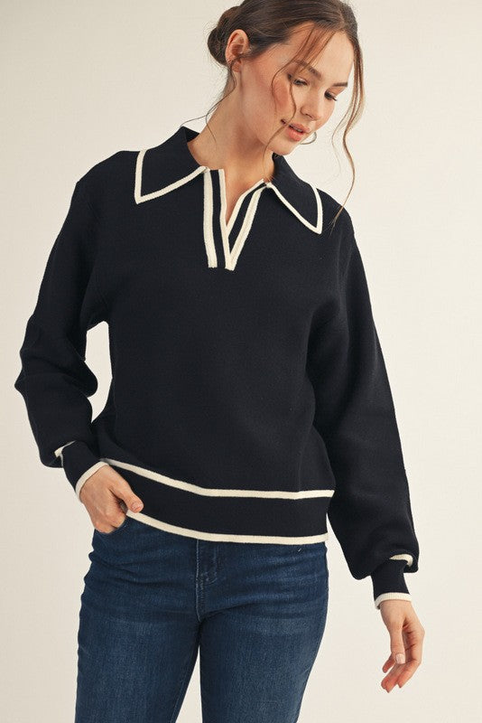 Line Edge Accent Polo Sweater Top - Black