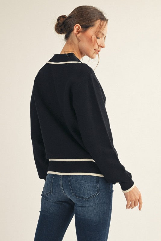 Line Edge Accent Polo Sweater Top - Black