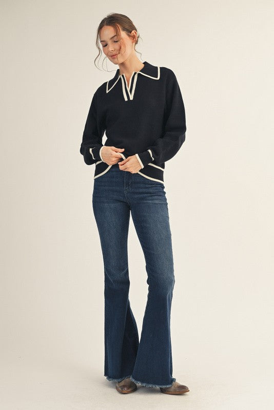 Line Edge Accent Polo Sweater Top - Black