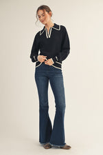 Line Edge Accent Polo Sweater Top - Black
