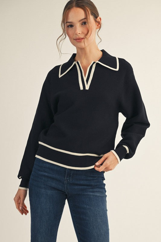 Line Edge Accent Polo Sweater Top - Black