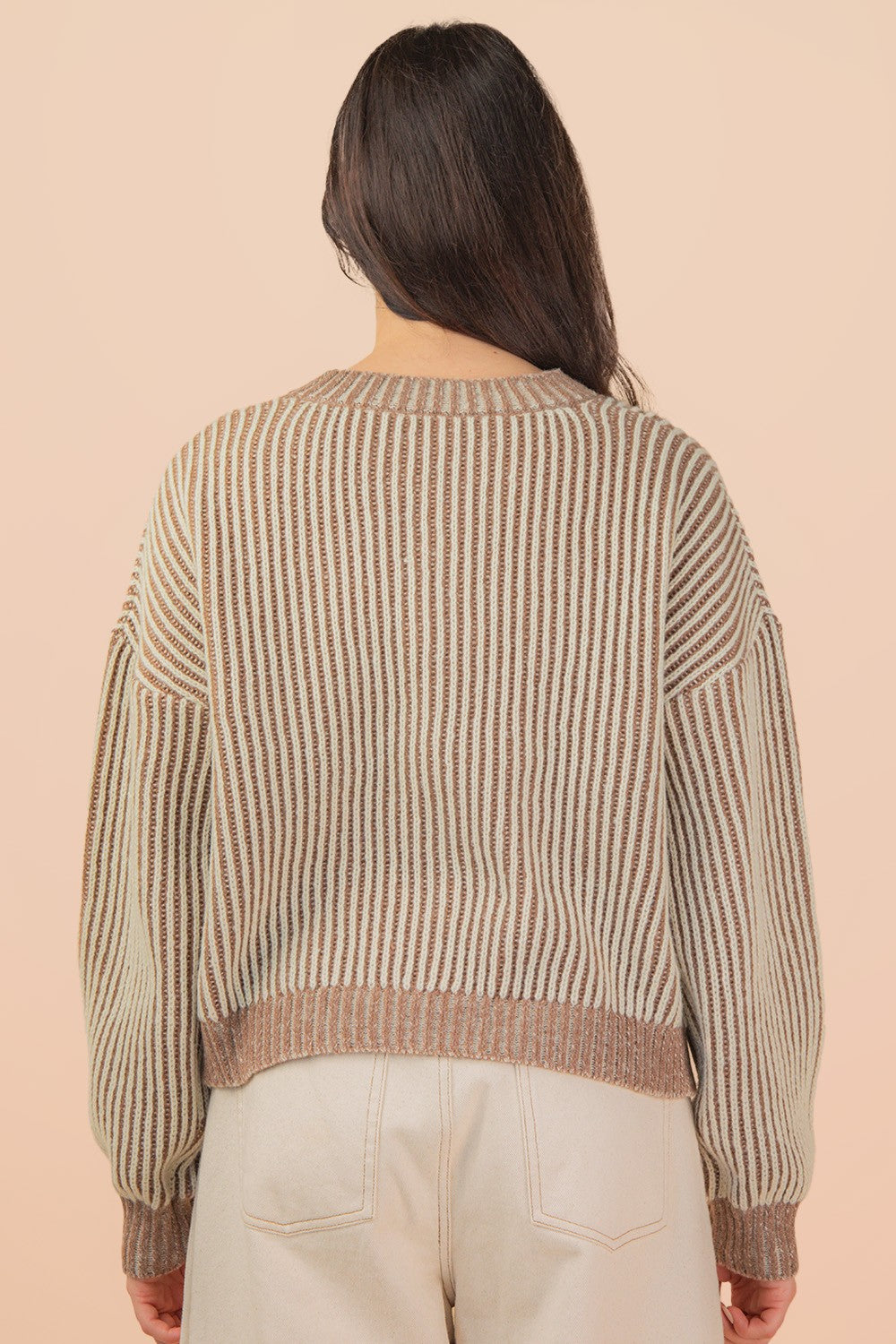 Front Tie Two Tone Knit Cardigan - Mocha