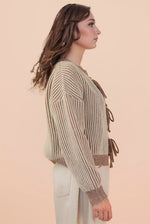 Front Tie Two Tone Knit Cardigan - Mocha