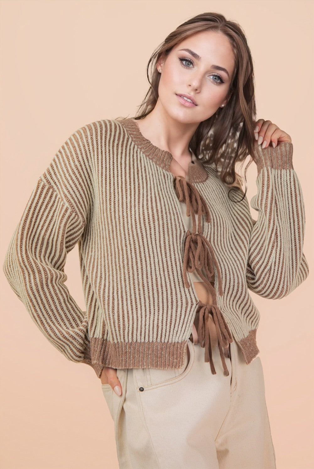 Front Tie Two Tone Knit Cardigan - Mocha