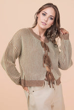 Front Tie Two Tone Knit Cardigan - Mocha