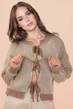 Front Tie Two Tone Knit Cardigan - Mocha
