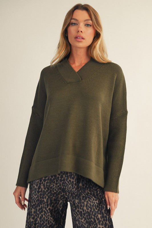 Drop Shoulder Loose Fit Sweater - Olive