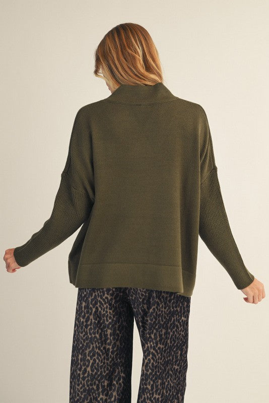 Drop Shoulder Loose Fit Sweater - Olive
