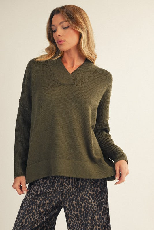 Drop Shoulder Loose Fit Sweater - Olive