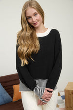 Black Contrast Stripe Hem Knit Sweater