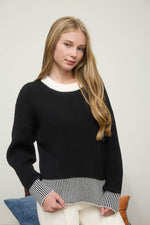 Black Contrast Stripe Hem Knit Sweater