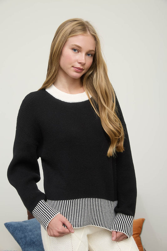 Black Contrast Stripe Hem Knit Sweater