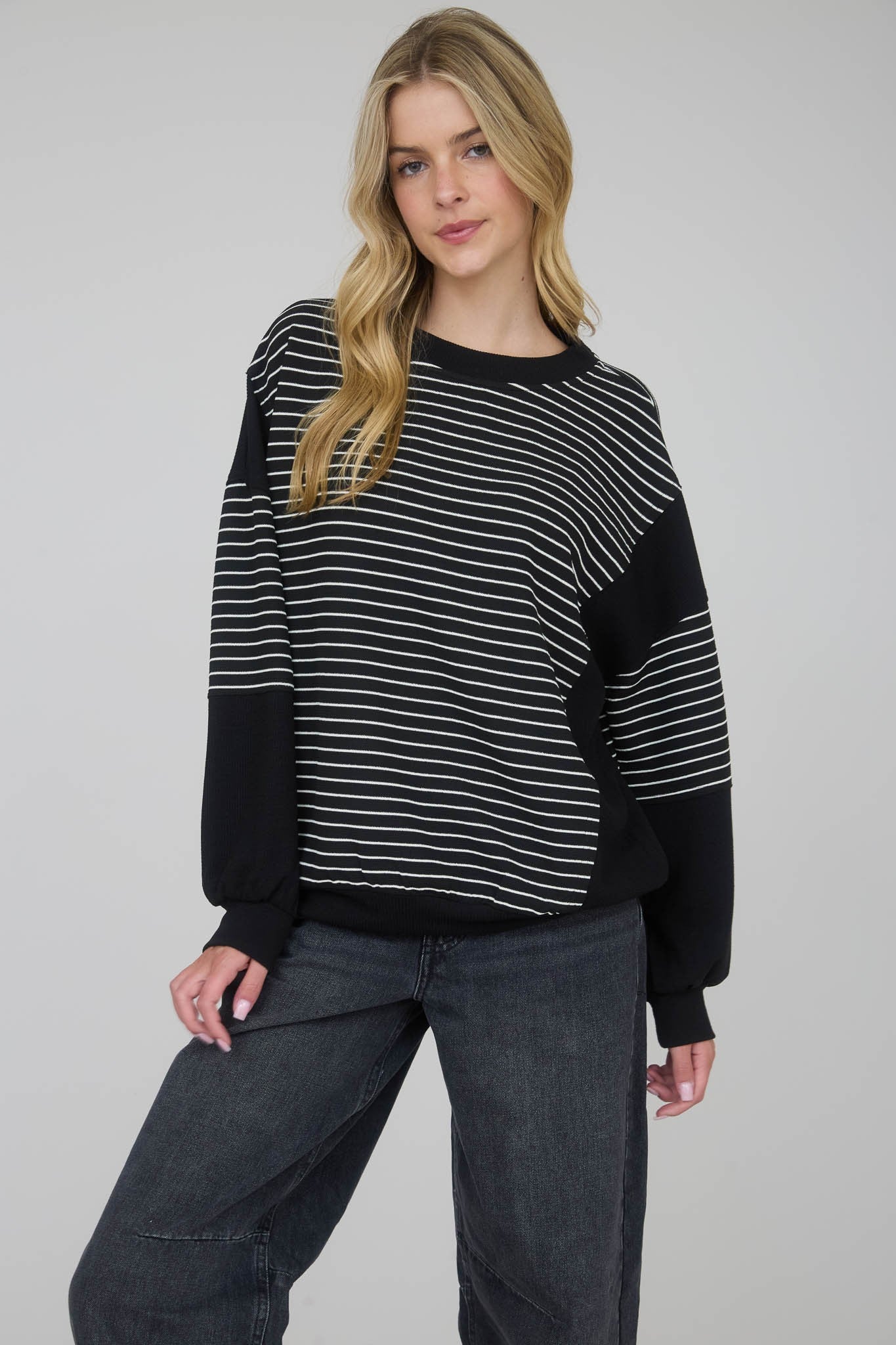 Contrast Stripe Raw Edge Long Sleeve - Black
