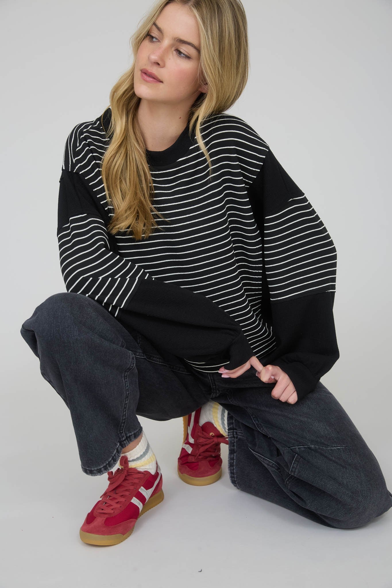 Contrast Stripe Raw Edge Long Sleeve - Black