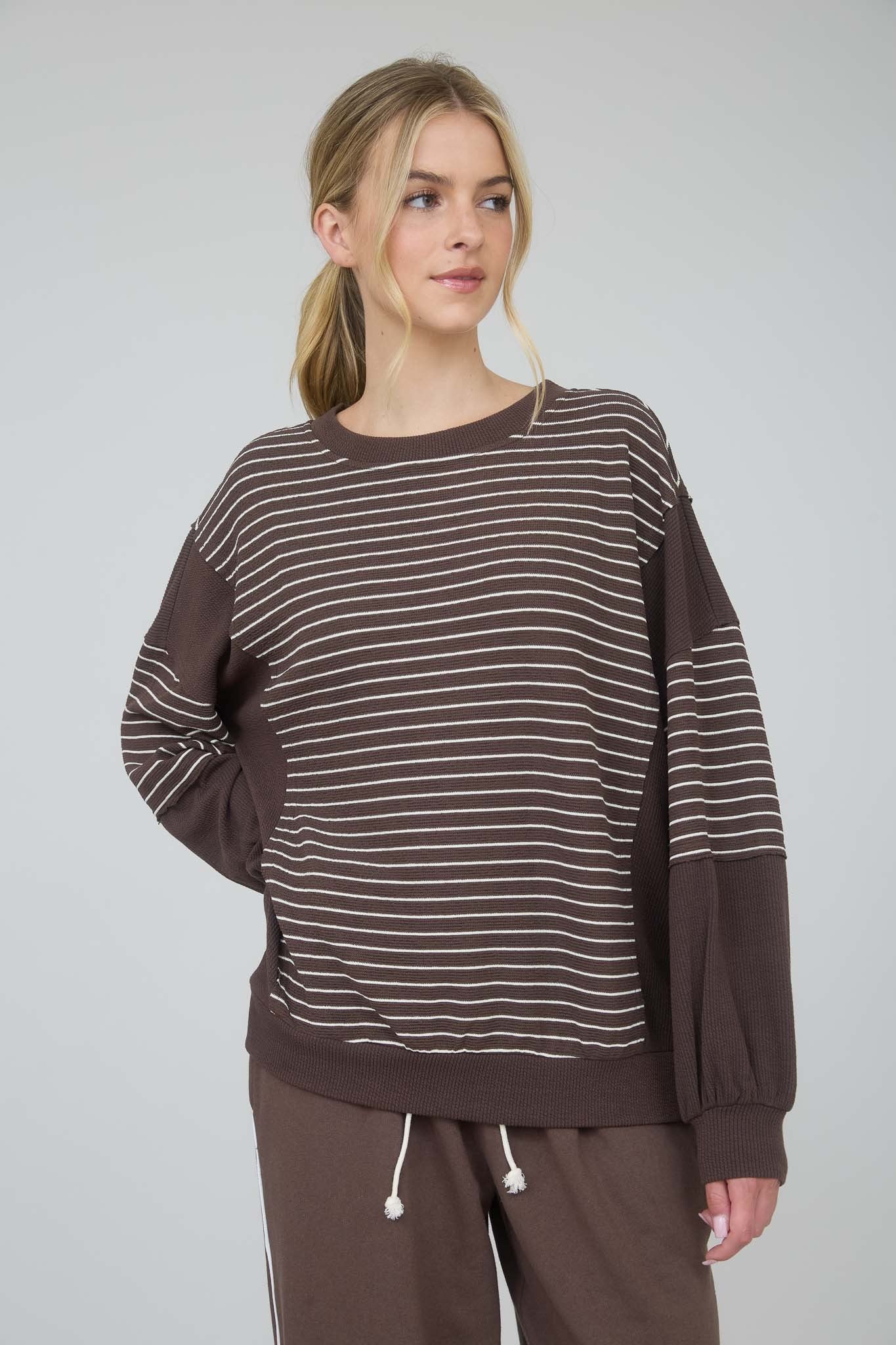 Contrast Stripe Raw Edge Long Sleeve - Brown