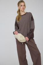Contrast Stripe Raw Edge Long Sleeve - Brown