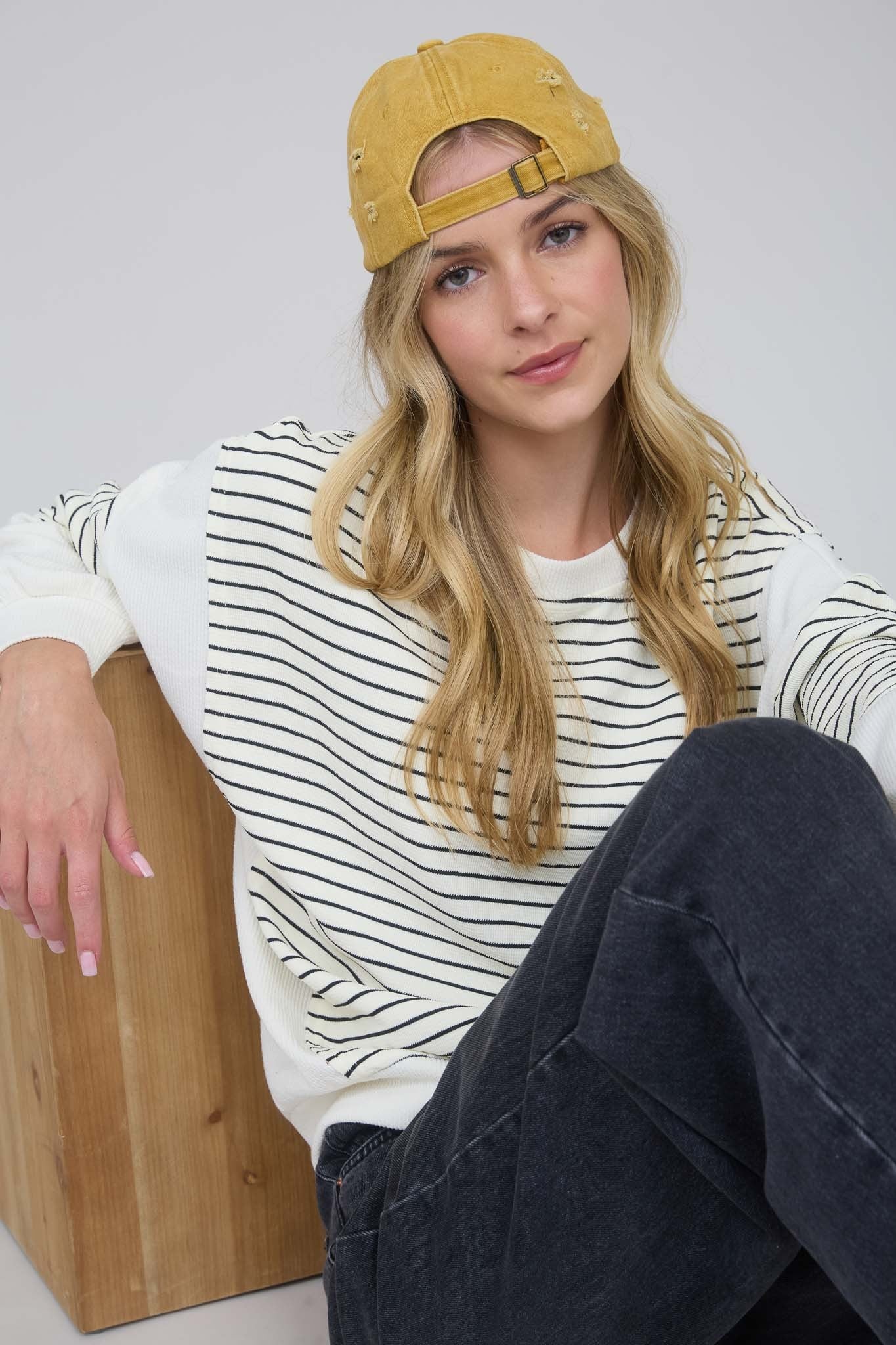 Contrast Stripe Raw Edge Long Sleeve - Ivory