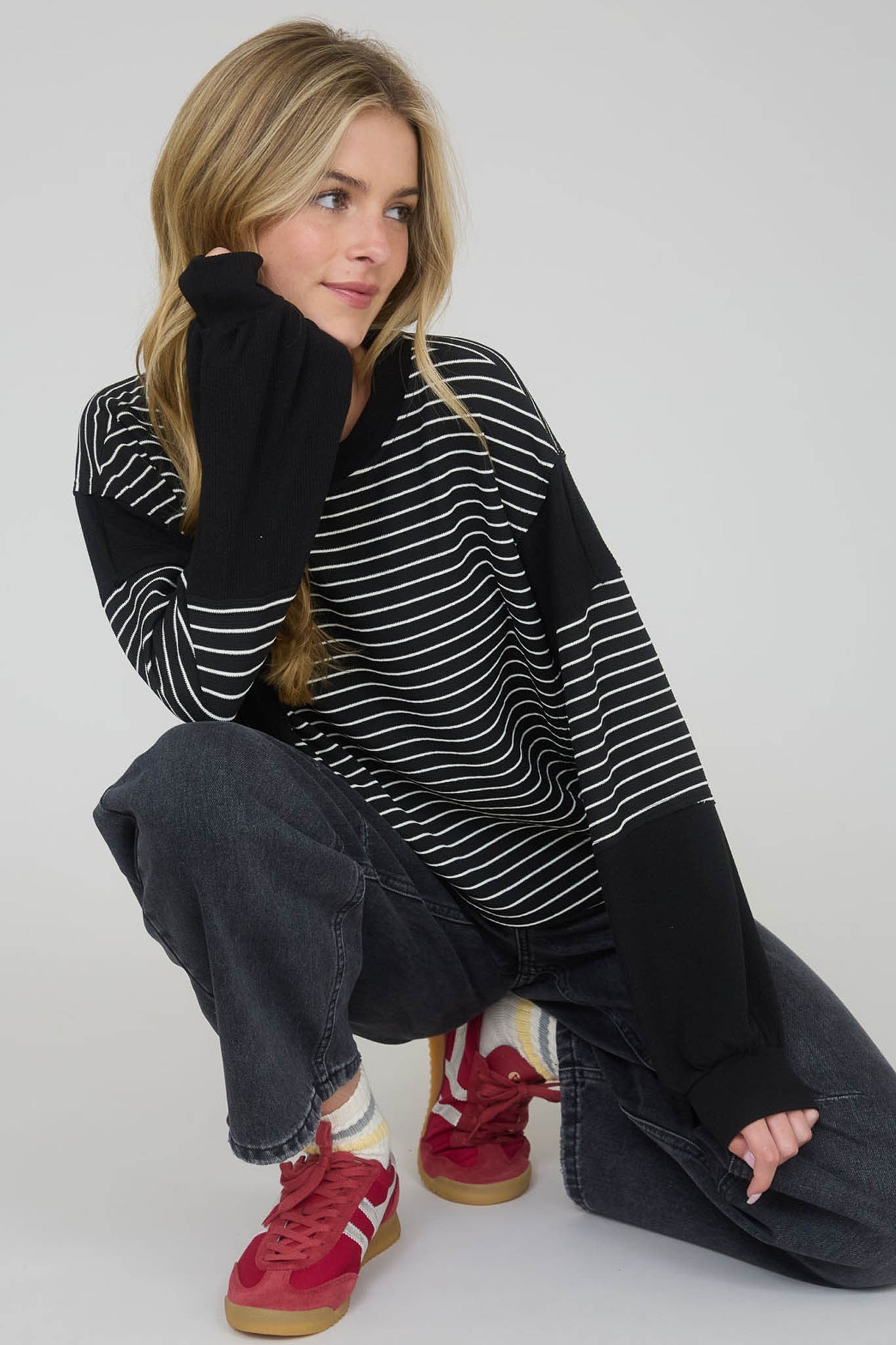 Contrast Stripe Raw Edge Long Sleeve - Black