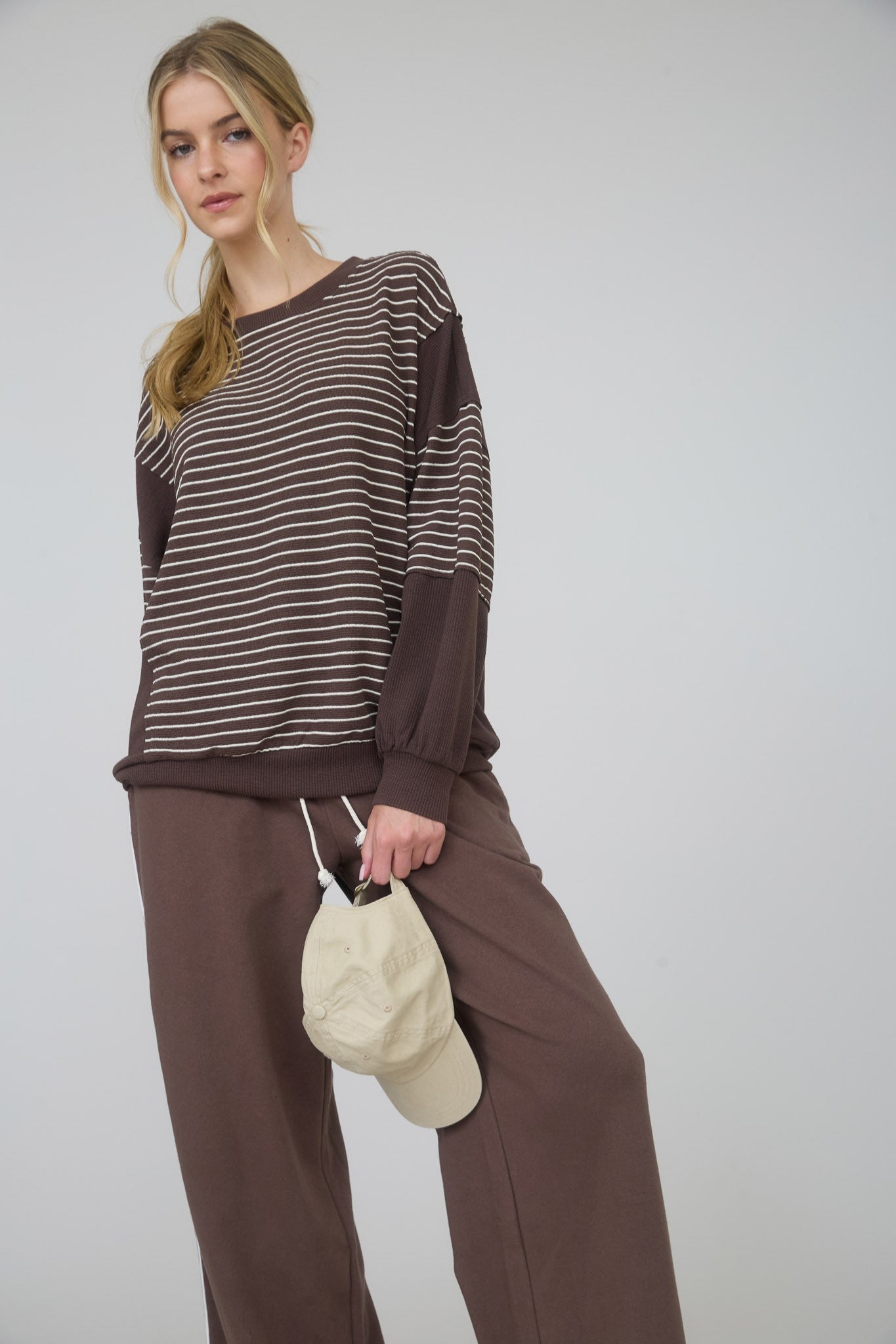 Contrast Stripe Raw Edge Long Sleeve - Brown