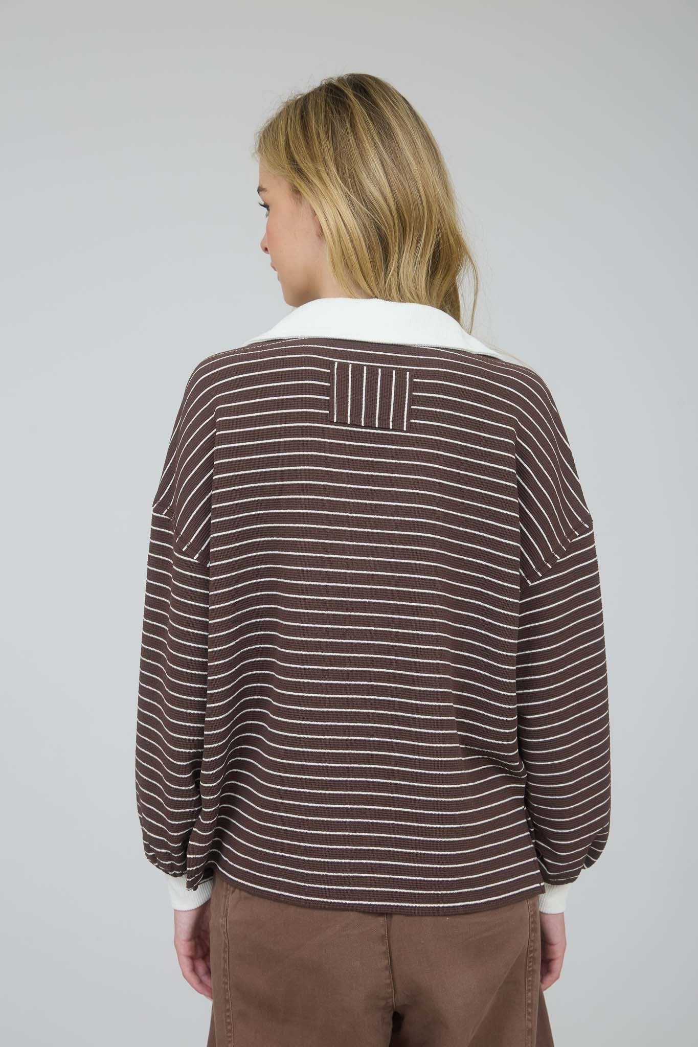 Contrast Collar Stripe Long Sleeve - Brown