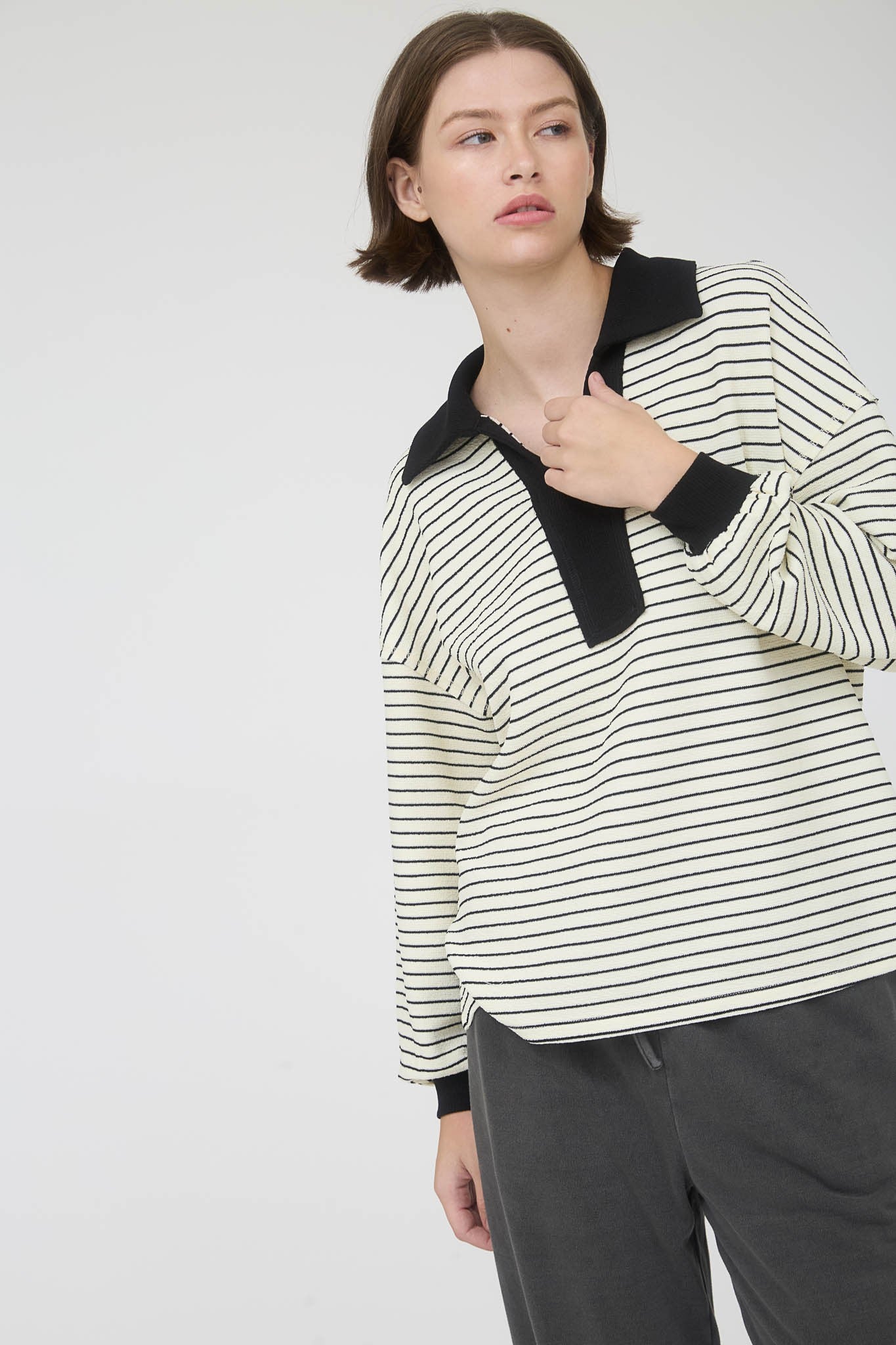 Contrast Collar Stripe Long Sleeve - Ivory
