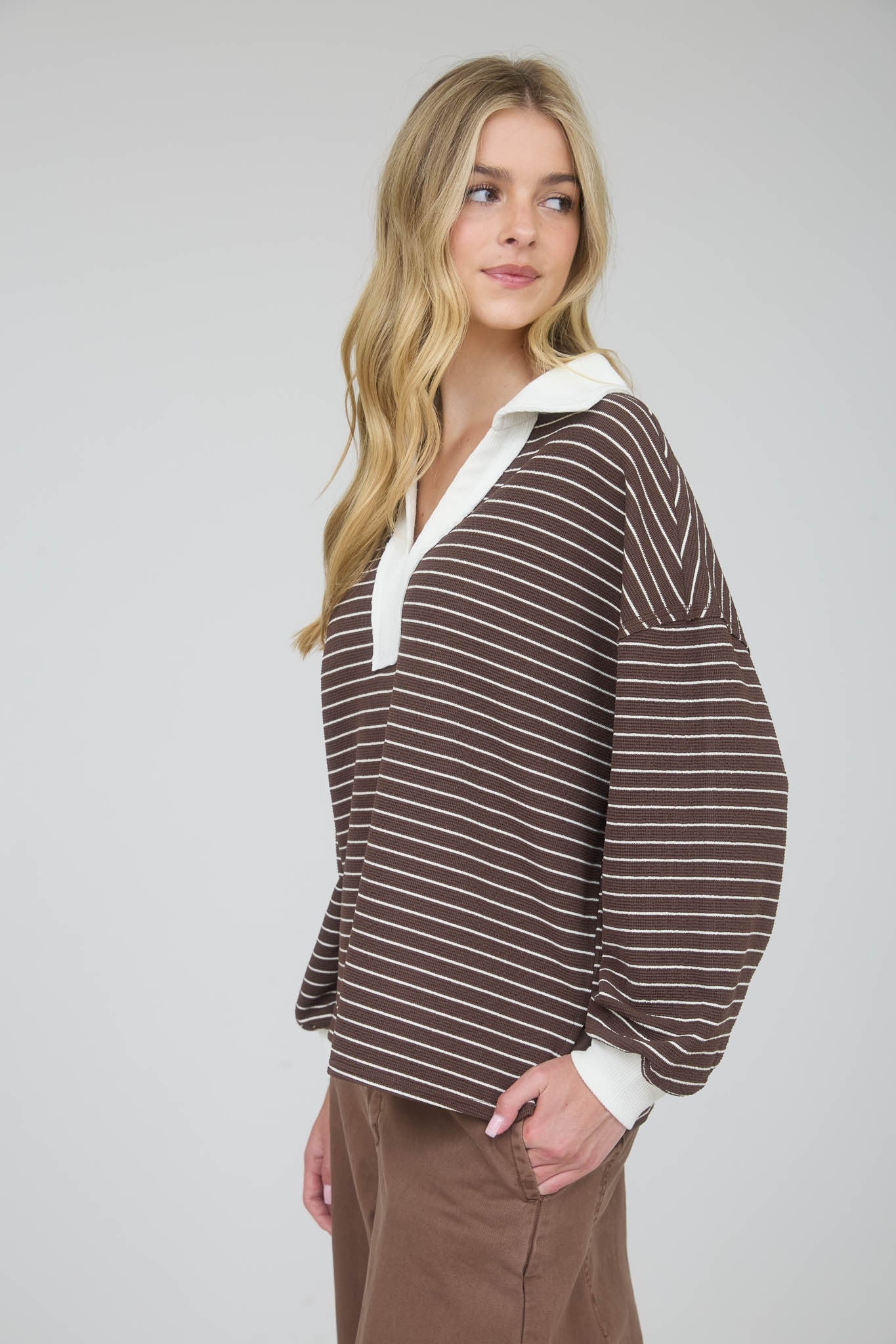 Contrast Collar Stripe Long Sleeve - Brown