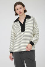 Contrast Collar Stripe Long Sleeve - Ivory