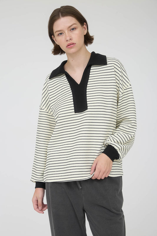Contrast Collar Stripe Long Sleeve - Ivory