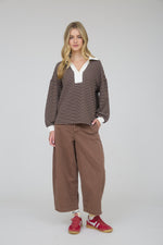 Contrast Collar Stripe Long Sleeve - Brown