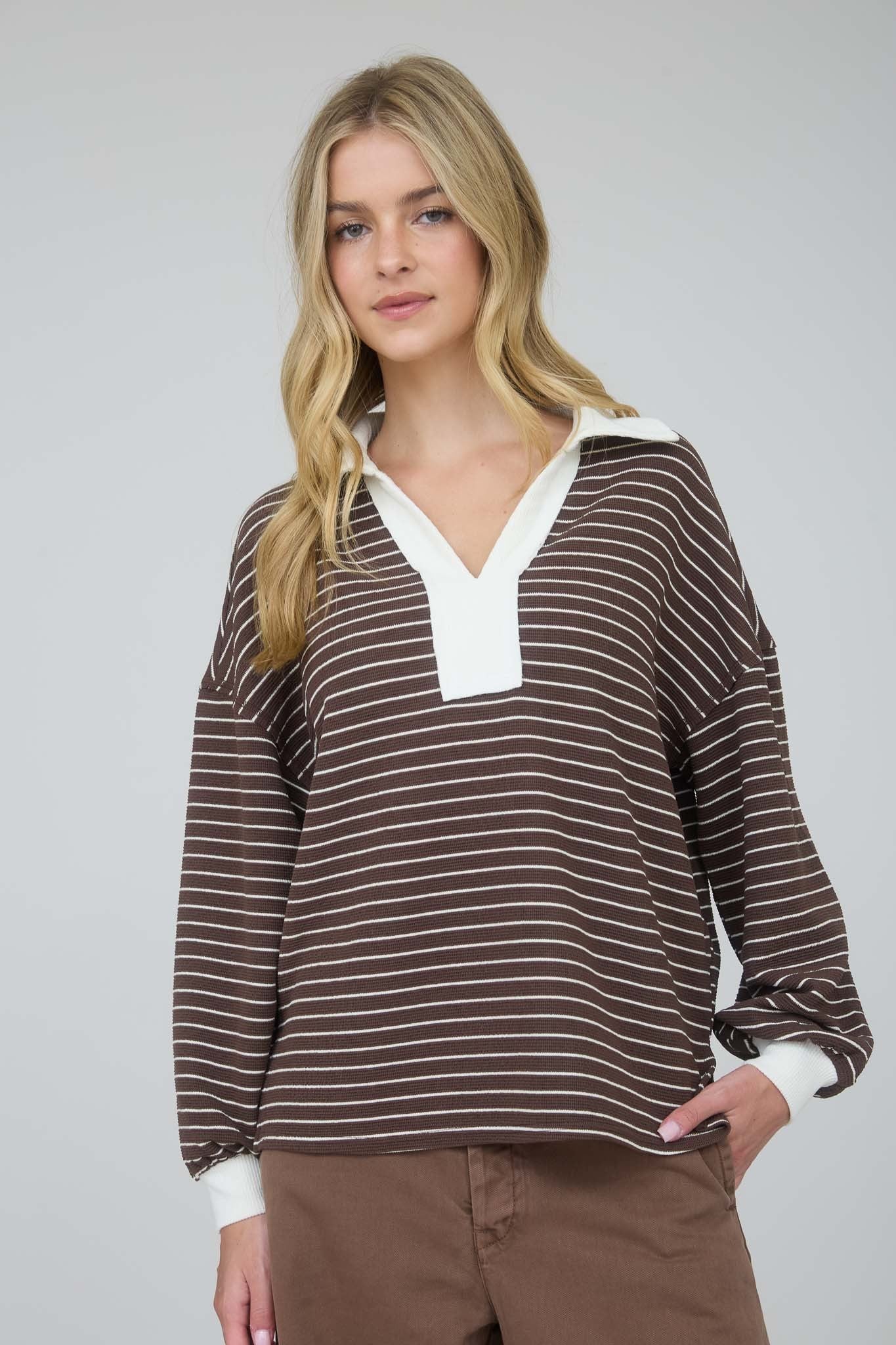 Contrast Collar Stripe Long Sleeve - Brown