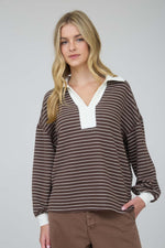 Contrast Collar Stripe Long Sleeve - Brown