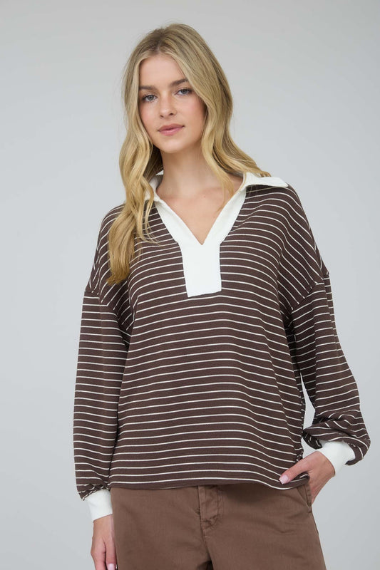 Contrast Collar Stripe Long Sleeve - Brown