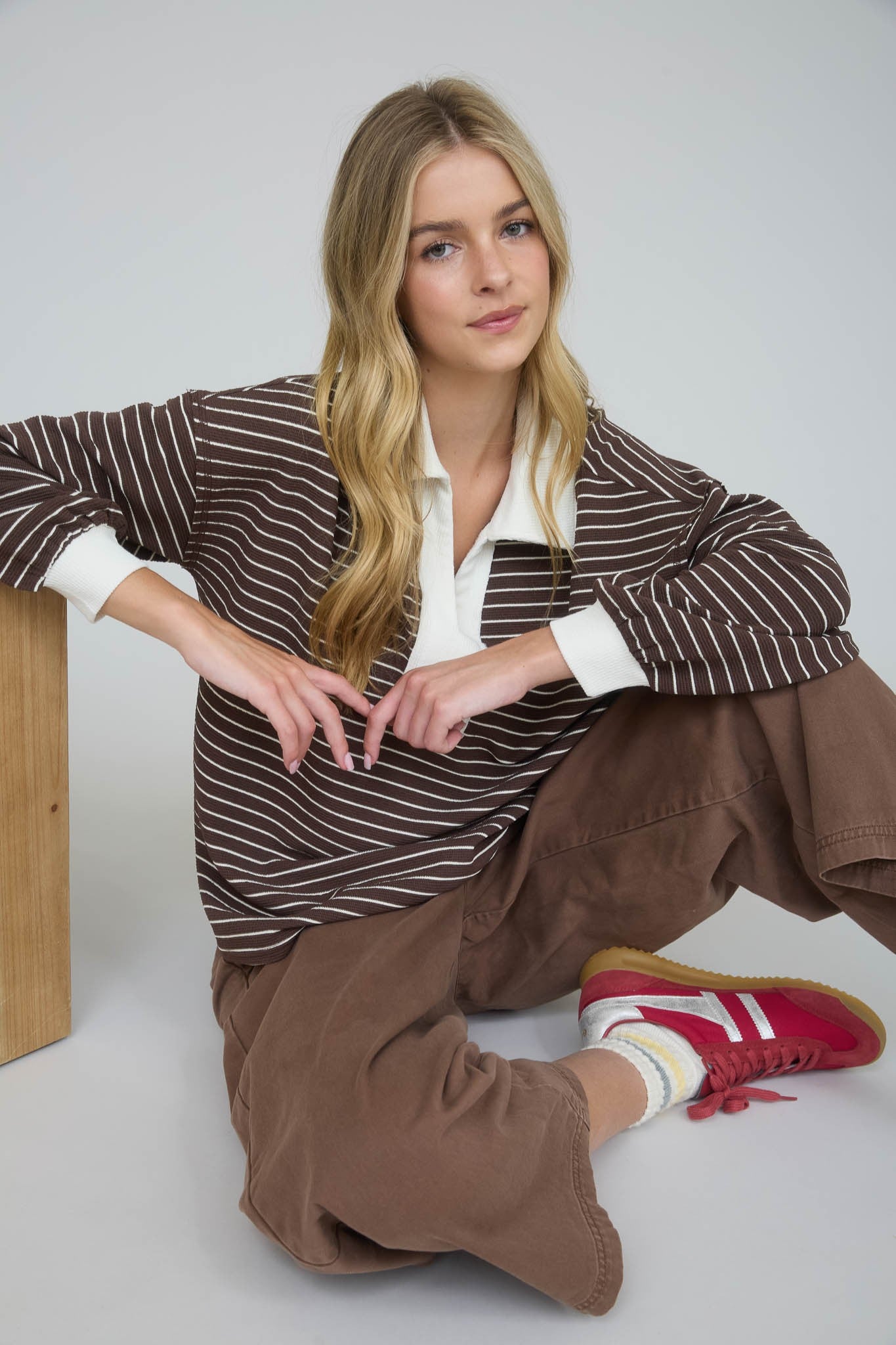 Contrast Collar Stripe Long Sleeve - Brown
