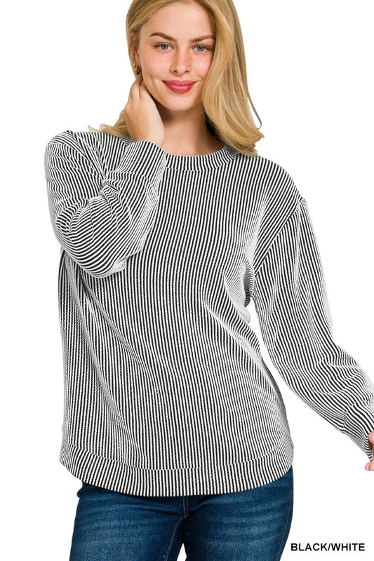 Ribbed Round Neck Long Sleeve - Black/White