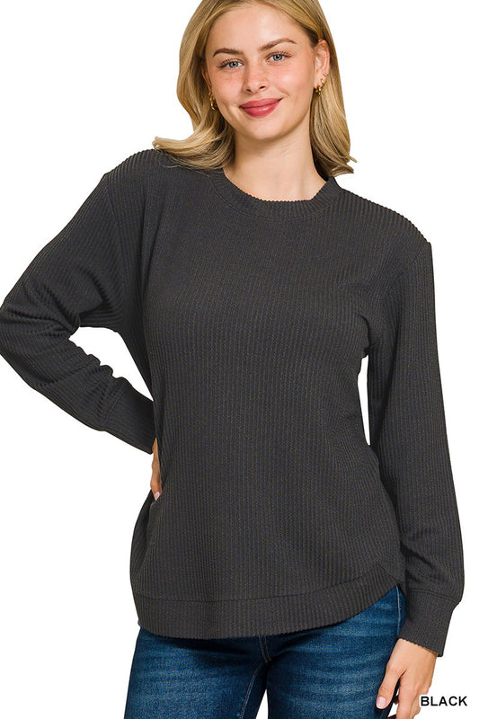 Ribbed Round Neck Long Sleeve - Black