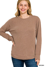Ribbed Round Neck Long Sleeve - Brown