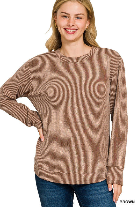 Ribbed Round Neck Long Sleeve - Brown