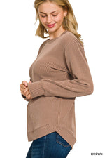 Ribbed Round Neck Long Sleeve - Brown