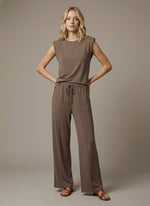 Drawstring Waist Wide-leg Knit Pants - Brown