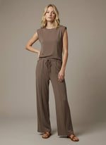 Drawstring Waist Wide-leg Knit Pants - Brown