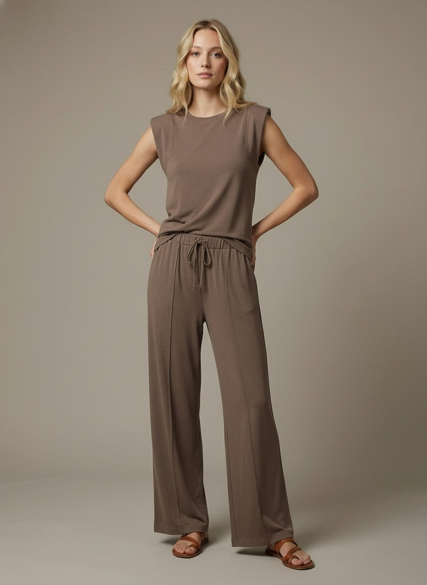 Soft Shoulder Detail Sleeveless Knit Top - Brown