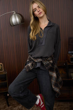 Half Zip Collared Waffle Knit Long Sleeve - Charcoal