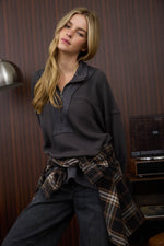 Half Zip Collared Waffle Knit Long Sleeve - Charcoal