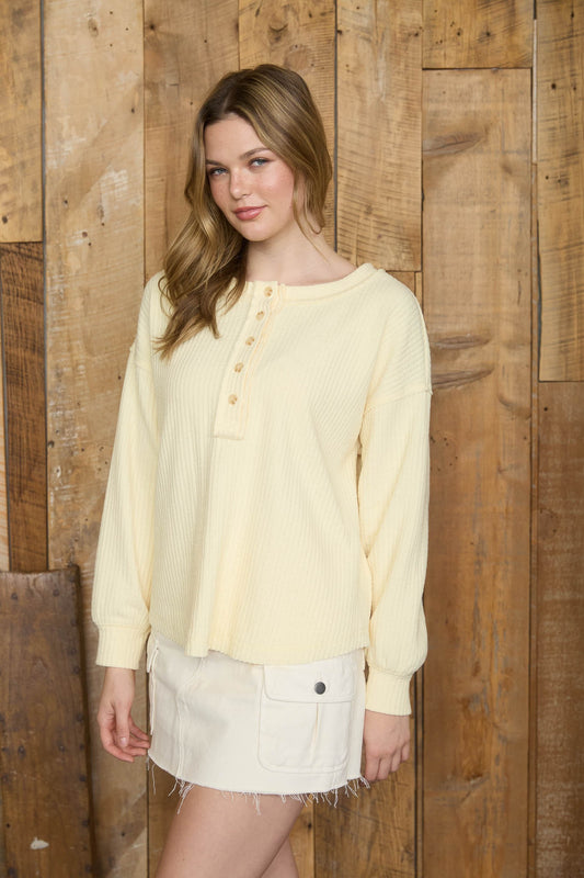 Ribbed Henley Exposed Seam Long Sleeve - Butter Yellow