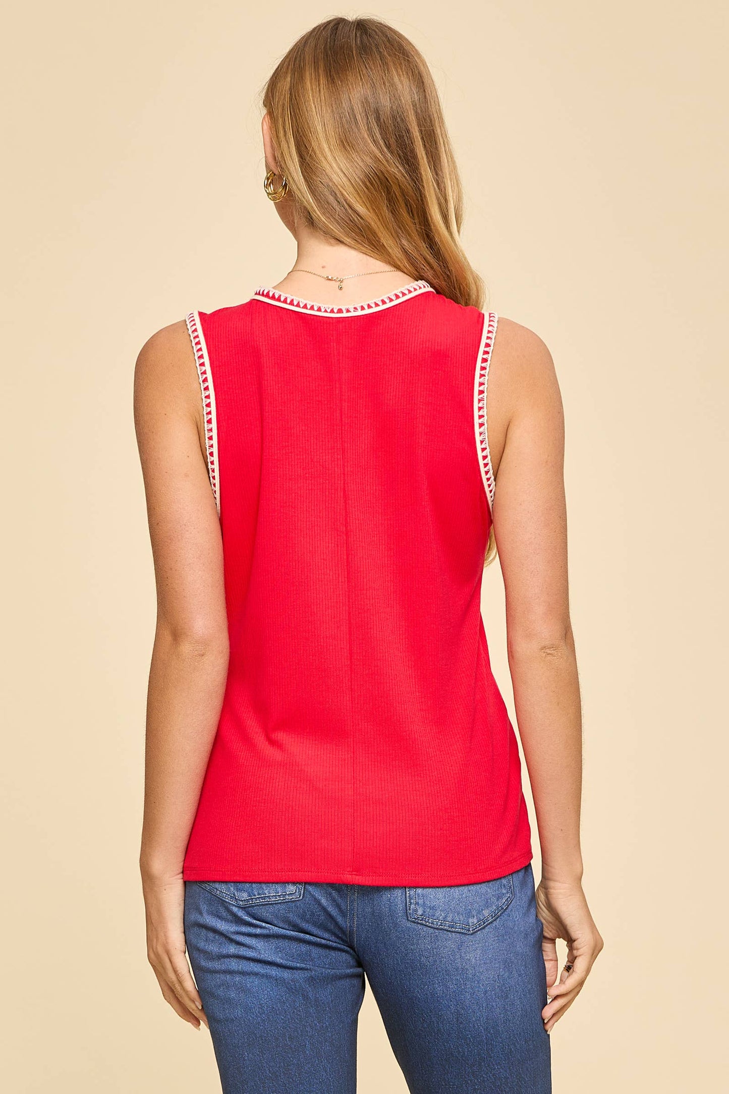 Embroidered Stitching Detail Sleeveless Top - Red