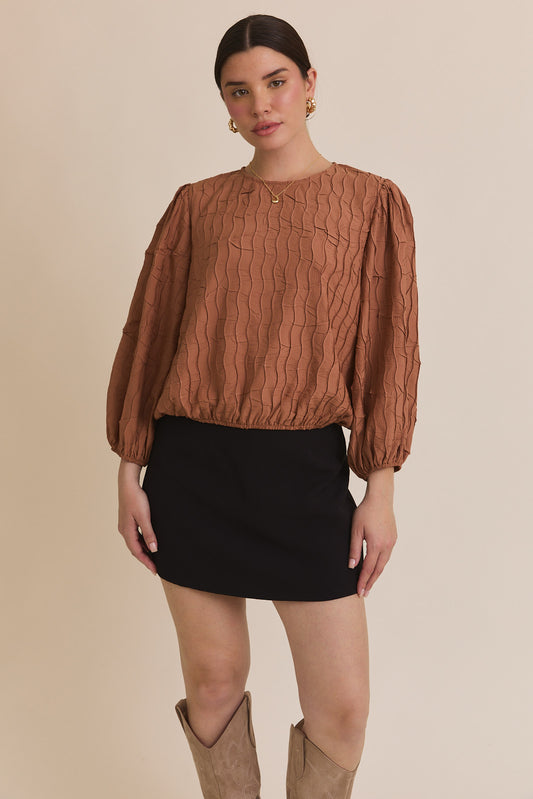 Brown Round Neck 3/4 Sleeve Texture Blouse