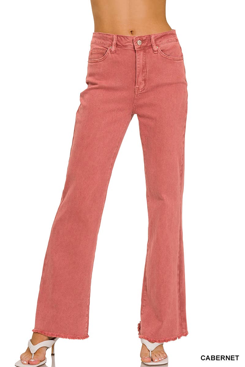 Acid Wash Frayed Cutoff Straight Wide Jeans - Cabernet